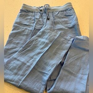 Style & Co 100% Linen Pants 12 Large Blue Beach Bright Elastic Waist Pockets Wid